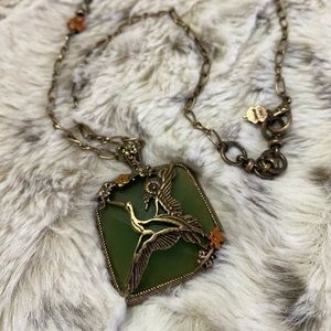 Lucky Brand Crane Necklace Brass Jade Green